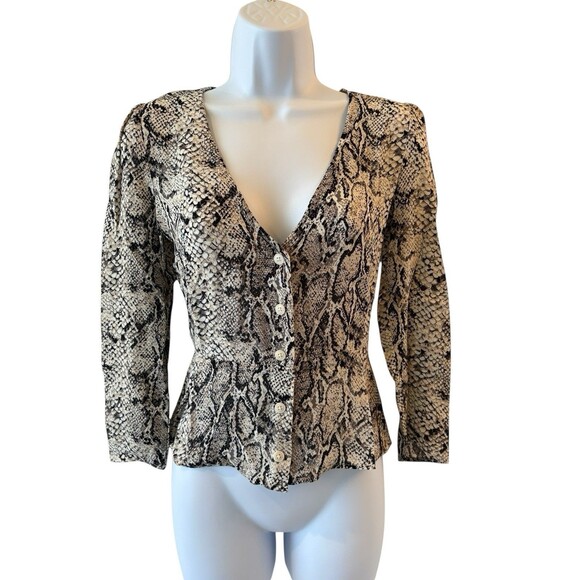 Reformation Pinched Shoulder Snake Print Blouse Top Size 4 Python Long Sleeve - Picture 2 of 11